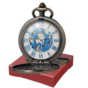 로마 숫자가 새겨진 빈티지 스타일 기계식 스켈레톤 포켓 워치 - 손에 감긴 유니 디자인 및 남성용 나무 선물 상자