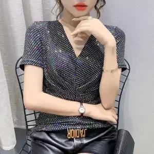 라인댄스복상의 스팽글 브이넥티셔츠 라인댄스복 반팔