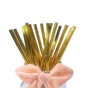생일, 결혼식, 파티 용품용 금박 종이 빨대 100팩, 일회용 금속 금 생분해 칵테일 빨대, 6 197mm