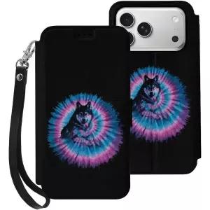 타이 다이 늑대 디자인 지갑형 가죽 플립 휴대폰 케이스 (아이폰 17/에어/프로/프로 맥스 호환)