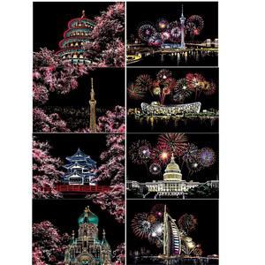 데시니크 스크래치 페인팅 아트 - 호일 아트, 4개의 도구와 8장의 보드 세트(A4), 시티 시리즈 크리에이티브 기프트(사쿠라)