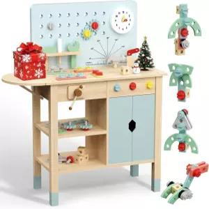 업그레이드 확장 패널이 있는 용 대형 나무 작업대 - 놀이 도구 세트/현실적인 액세서리 추가 작업 공간 및