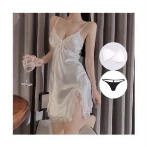 MHJNA 여성 섹시 실크 란제리 레이스 슬립 원피스 잠옷 캡내장 티팬티 속옷