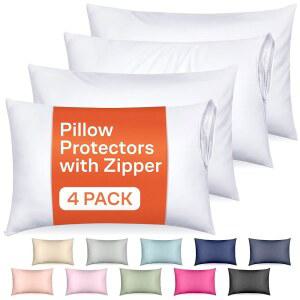 지퍼 퀸 사이즈의 울트라 소프트 베개 보호대 - 통기성 커버 4종 세트 얼룩, 먼지 및 먼지로부터 100% 보호 세탁기 사용 가능(화이트)