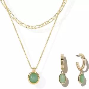 먼 거리 드럼 여성용 심플 내추럴 그린 아벤투린 스톤 주얼리 세트 후프 귀걸이 팔찌 목걸이 18K 금도금