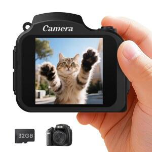 미니 키체인 카메라 - 4K 레트로 디지털 32GB 카드가 장착된 작은 포켓 사이즈 사진 비디오 여행 학습 녹화용 소형 마이크로 휴대용 레코더(블랙)