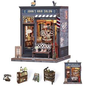 [포르르] 엔드리스 리미트 북 누크 키트, 성인 및 청소년을 위한 DIY 미니어처 하우스 인형의 집 작은 책 가든 책장, 가족 친구를 공예 선물 (존스 헤어 살롱)