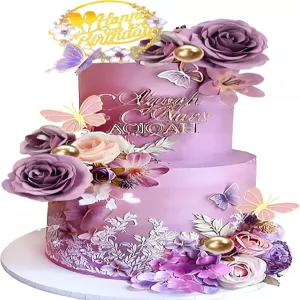 결혼식 생일을 맞아 인조 꽃이 달린 플라워 케이크 토퍼 퍼플 장식 버터플라이 볼