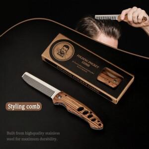 남성용 단단한 나무 및 금속 접이식 수염 빗  휴대용 폼파두르 링 그루밍 키트  이발사 등급 여행용 머리