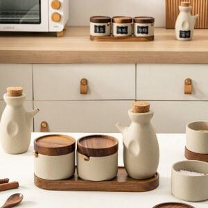 일본식 도자기 우드 조미료통 빈티지 소금 세라믹 작은양념병세트 우드캡 2P 소금통