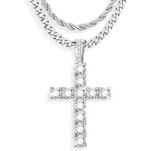 925 스털링 실버 십자가 목걸이 (남성용) - 큐빅 지르코니아 펜던트, 레이어드 목걸이, 방수 스테인리스 스