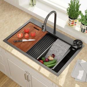 수도꼭지가 달린 주방 싱크대 33x22인치 블랙 워터폴 탑마운트 스테인리스 스틸 16게이지 싱글 볼 워크스테이션 스마트 싱크대, 분리형 스위치 노브 포함 Lordear 33 드롭