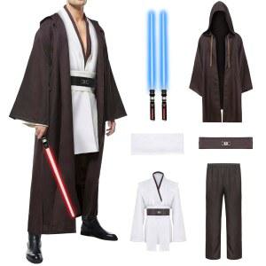 할로윈 파티를 위한 멜우드 남성 튜닉 코스프레 코스튬과 2개의 PCS 라이트 업 세이버 후드 로브 풀 세트