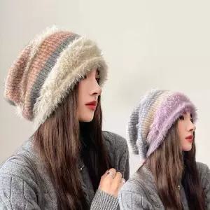 여성 스트라이프 패턴 겨울 모자 니트 털 비니 스님모자