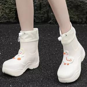 유행 방수 성인 플랫 신발 여성 사무실 장화 세련된 일본 고무 미끄럼 방지 중간 높이 부츠