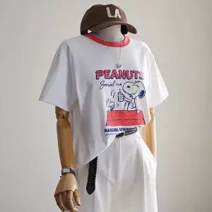 (안나앤모드) (피너츠 정품 ) roof 스누피 배색 반팔 탑 [티셔츠EC715]