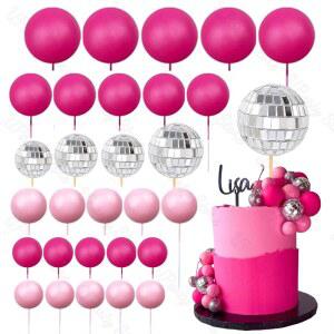 30Pcs 핫 핑크 케이크 공 토퍼 베이비 핑크 실버 glitters 디스코 공 케이크 토퍼 웨딩 디스코 생일 케이크 장식 공급