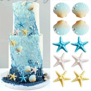 10개 바다 조개 케이크 토퍼 레진 파란색 노란색 흰색 조개 불가사리 컵케이크 토퍼 바다 해변 생일 케이크 장식