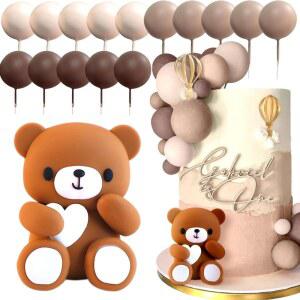 LaVenty 베이지 브라운 베어 케이크 장식 베이지 브라운 볼 케이크 토퍼 Boho Bears 케이크 케이크 장식 생일 케이크 장식