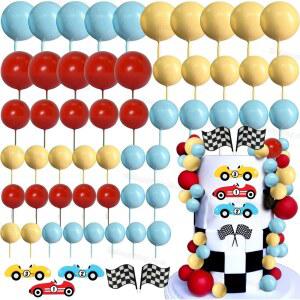 1 세트 경주 용 자동차 생일 케이크 장식 빨간색 노란색 파란색 공 케이크 토퍼 경주 용 자동차 생일 소년 소녀 베이비 샤워 장식