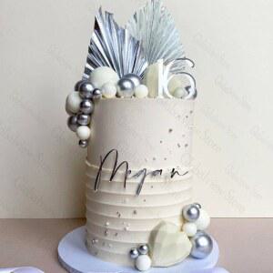 실버 케이크 장식, 흰색 실버 공 케이크 토퍼, 종이 손바닥 잎, 생일 파티 케이크 장식