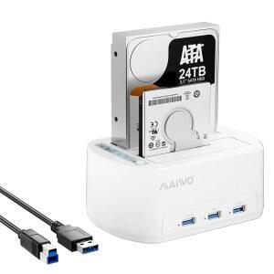 MAIWO 듀얼 베이 하드 드라이브 도킹 스테이션, 오프라인 클론 포함, 2.5 3.5인치 SATA HDD SSD용, USB 3.0 허브 확장 3개, 48TB 용량, 외장 복제기 클로너, 화이트