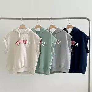 여성 레이어드 기모 후드 조끼 캡소매 레터링 겨울용