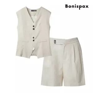 [롯데백화점]보니스팍스 린넨 투 버튼 숏 팬츠 베스트 셋업 (XP4OP024M0)