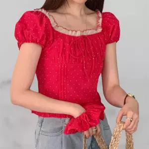 여성 러블리 헤어슈슈 프릴 리본 도트 스모크 블라우스