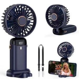 쿨러 휴대용 USB 미니 선풍기 접이식 목걸이형 5단 속도 조절 충전식 휴대폰 거치대 디스플레이 화면 포함