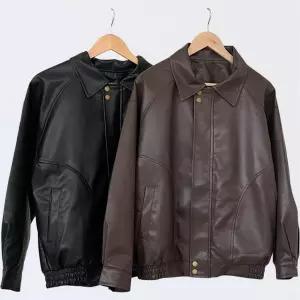 여성용 가을 오버핏 카라넥 가죽 집업 자켓 버튼 스타일