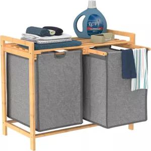 옷장 메이드 대나무 세탁 바구니 및 선반 슬라이딩 백 섹션 2개 이중 수납 공간이 있는 분류기 회색 가방