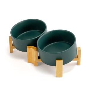 스펀키 15 사료와 스탠드, 기울어진 그릇, 중형견 녹색 큰 나무 방지 미끄럼 고양이 물그릇, 세라믹 28.7온스(3.6컵, 개와 반려동물 불독 얼굴 고양이용 2)