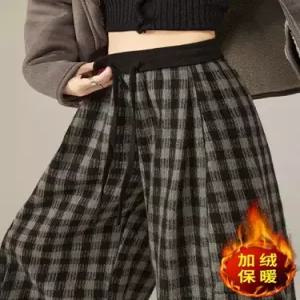 아브릴 여성9부바지 기모 도톰한 체크 밴딩 와이드 바지 가을 겨울 캐주얼 모직 9부 할머니 UNO4