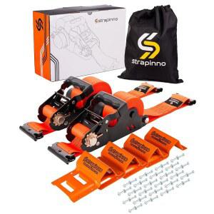 [미국배송] 휠 초크 키트가 있는 스트랩이노 E-트랙 접이식 래칫 스트랩 4500파운드의 파손 강도 - 트레일러 타이 다운 시스템용 2인치 X 12피트 헤비 듀티 스트랩으로 ATV UTV 및 잔디 깎는 기계(PC 2대)를 고정합