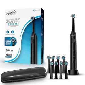 Supersonic TB-1000 Sonic Zoom+ 고급 회전 전동 칫솔 | 8,800 OPM 무선 충전 3가지 청소 모드 6개의 브러시 헤드 자동 타이머 여행용 케이스 블랙