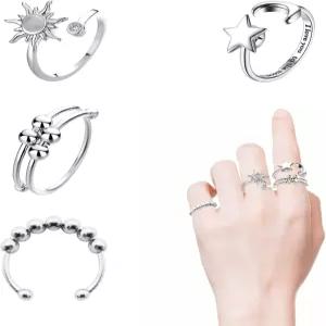 ATCEME 4PCS 여성용 피젯 링 스트레스 해소 스피너 스테인리스 스틸 선 달 별 구슬 회전식 링(실버)