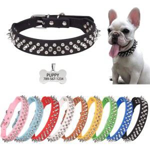 명판이 있는 스파이크 도그 칼라, 각인된 커스텀 ID 이름표, Pu 가죽 버섯 리벳 스터드 XXS 소형 중형 XL 반려묘 고양이 강아지 테리어 암컷 수컷