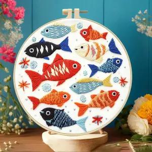 초보자를 위한 진칭 컬러풀 물고기 자수 키트 - 29x29cm 사전 인쇄 면직물 후프 실 및 도구가 포함된 완전