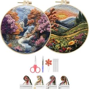 초보자를 위한 Hzkokon 2팩 자수 키트 크로스 스티치 손 키트에는 스탬프 플라워 패턴 후프 컬러 실 도구