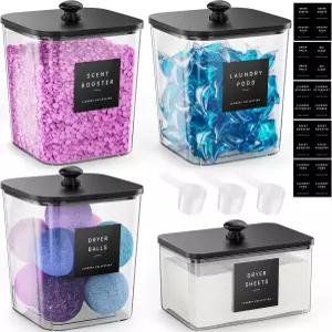 4팩 세탁 포드 용기 투명 세탁실 정리 대형 세제 분말 보관 검은색 나무 뚜껑 및 라벨 향기 부스터용