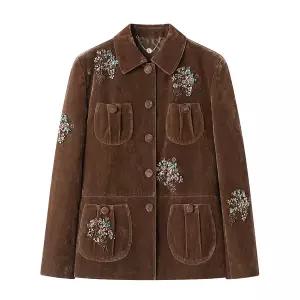 스웨이드 자켓 재킷 봄 가을 점퍼 아우터 카라 여성 블레이저 코너 넥 자수 스팽글 브라운 인조 빈티지 202