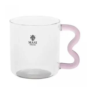 핑크빛 곡선 유리컵 손잡이 머그잔