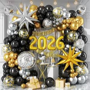 Froova 2026 블랙 앤 골드 풍선 갈랜드 아치 키트 실버 새해 장식 디스코 스타 뉴욕 졸업 축하 생일 파티