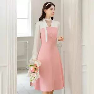 [시크라인] 아텔라 배색 타이 트위드 플레어 원피스