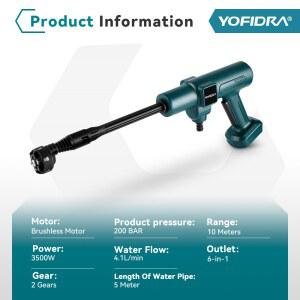 자동차 고압 세차기 Makita YOFIDRA 브러시리스 전기 청소 200바 정원 세척기 청소기 용 18V 6IN1 무선 배터리 물총