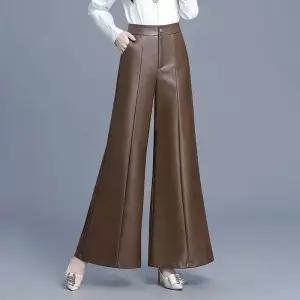 포뇨 여성 가을 겨울 하이웨스트 스트레이트 바지 빅사이즈 슬림핏 와이드 양가죽 OPH4