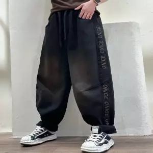 스파이더맨 여성 기모 청바지 겨울 레터링 자수 바지 배기 OPH4