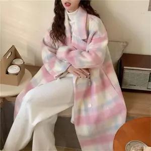 짜리점 여자 키작녀 모직 코트 핑크 겨울 도톰 체크 부드러운 롱 꾹4