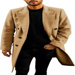 PASLTER 남성 트렌치코트 미드 롱 더블 가슴 슬림 핏 피코트 노치 라펠 겨울 비즈니스 오버코트